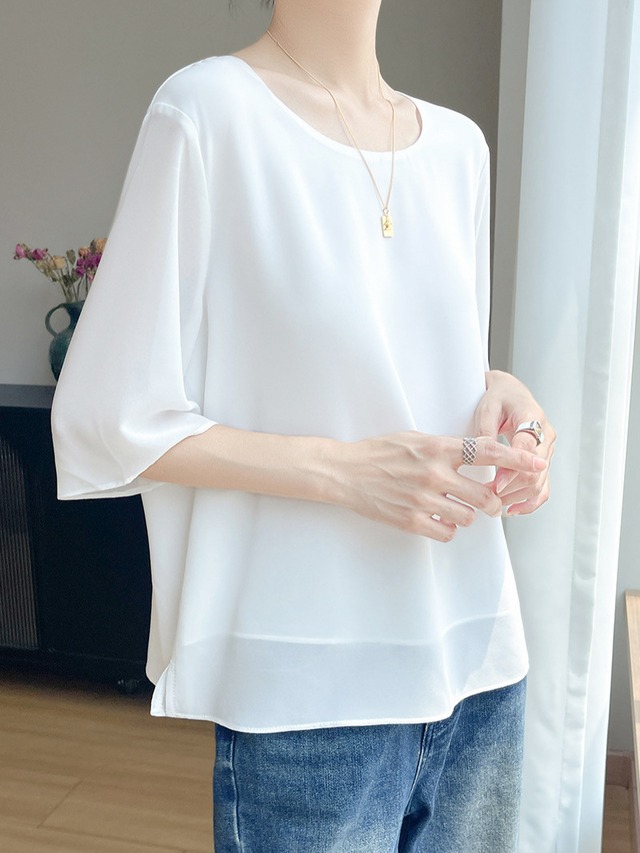 ラウンドネック とろみ シアー 半袖 シャツ ブラウス レディース トップス プルオーバー Tシャツ 丈長 ミディアム 襟なし ドレープ フェミニン シフォン 透け感 シースルー かわいい 大人可愛い きれいめ シンプル カジュアル 上品 おしゃれ ルーズ とろみ感 無地 春 夏 秋 ママ 通勤 学生 学校 通学 デート お出かけ 旅行 公園 女子会 休日 重ね着 体型カバー 普段使い 着回し M L XL 2XL 大きいサイズ ゆったり 白 ホワイト 黒 ブラック 紫 ベージュ ワインレッド パープル