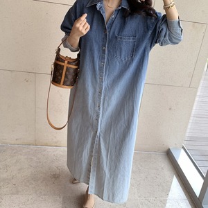 デニムワンピース ミモレ丈 ロング グラデーション シャツ 襟 カジュアル 羽織 シンプル かわいい お洒落 春秋　ybh1041
