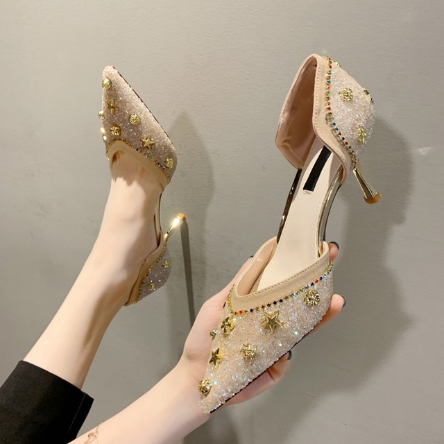 先のとがったシングルシューズ女性2020春の新しいバージョンのラインストーンファッションネット赤1ペダルスティレットヒール女性の潮 部族の婦人靴9066675