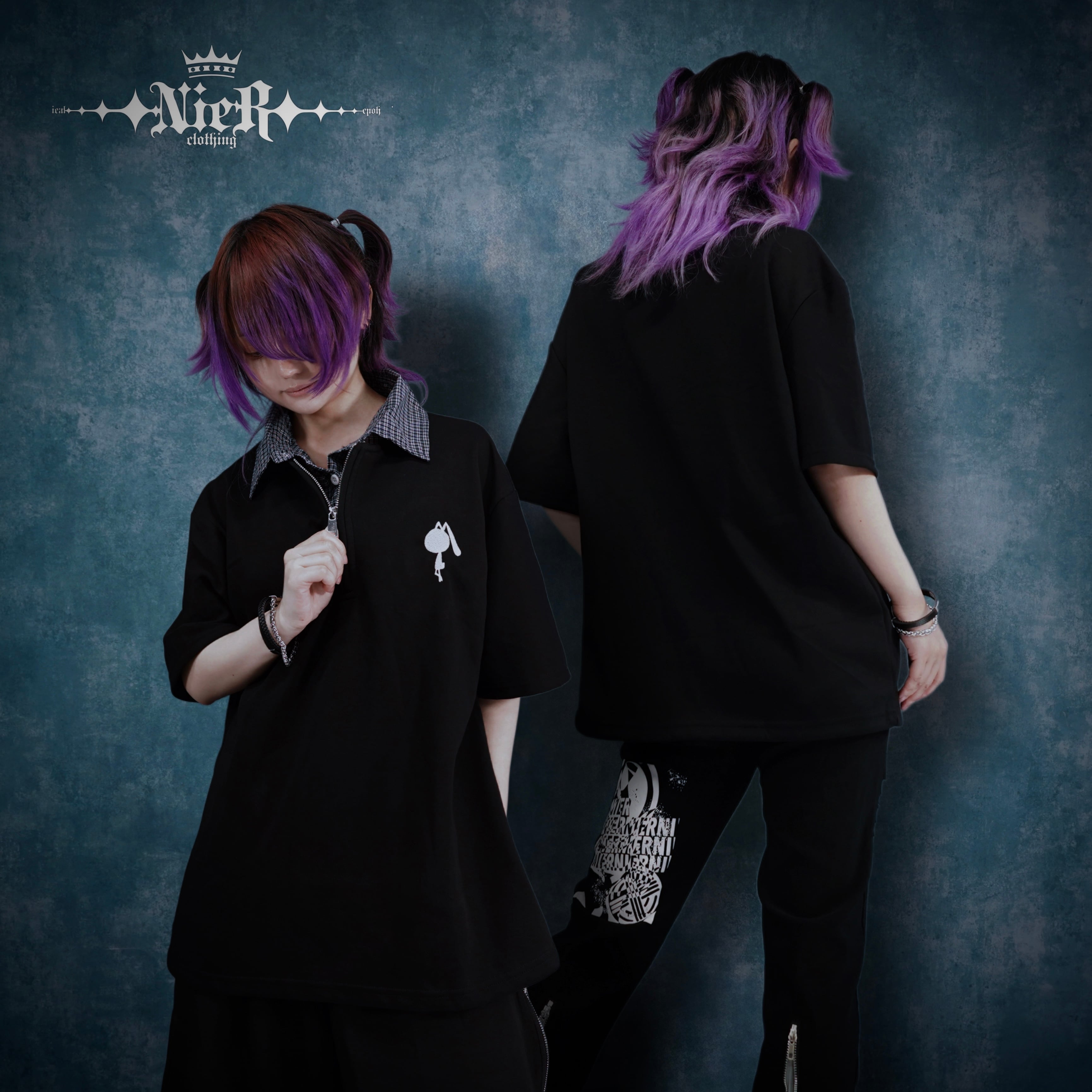 CHECK COLLAR FAKE LAYERED HALF ZIP TOPS【BLACK】 | NIER CLOTHING
