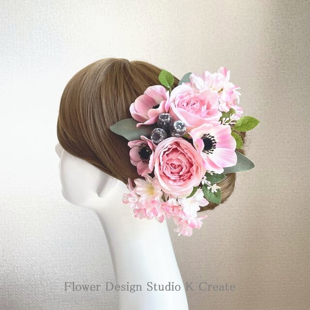 ピンクの薔薇とアネモネのヘッドドレス 八重桜 八重桜 アーティ
