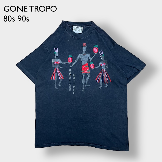 【GONE TROPO】80s 90s USA製 ネイティブハワイアン Tシャツ シングルステッチ くすみカラー 黒 XL US古着