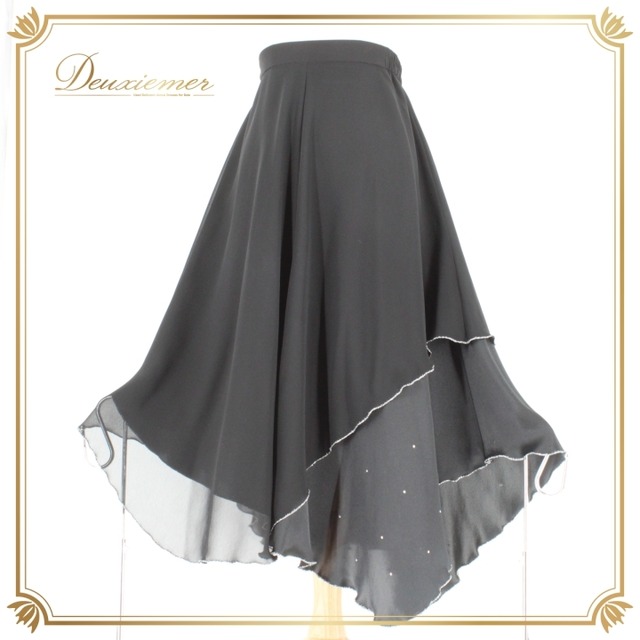 社交ダンス 衣装 スタンダード スカート レッスンウェア 黒 ブラック系 PAPILLON パピヨン フォーマル シルバー系 練習着 無地 上品 シンプルデザイン アーバンブラック ラインストーン 伸縮性 ポリエステル製 総丈約80cm ウエスト約29.5cm ファスナー仕様 レディース ダンス用衣装 祭り イベント衣装 スタイリッシュ スカートファッション