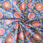 ブロックプリント生地【50cm単位】インド綿 花柄 青×オレンジ #11310-BL1