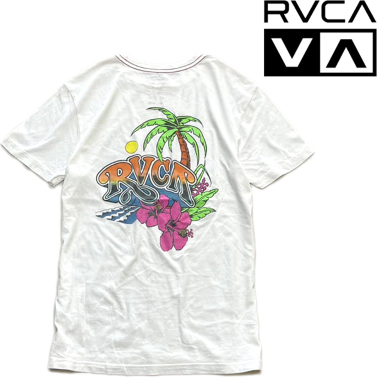 1点物◇ルーカRVCAサーフ白TバックプリントTシャツ古着メンズSM 