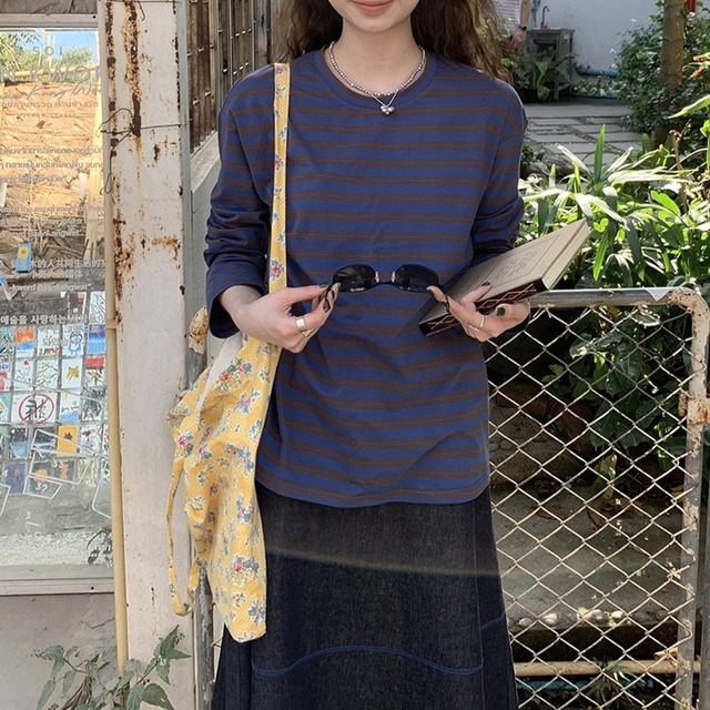 クルーネックブルーボーダーロンTee [am03641]