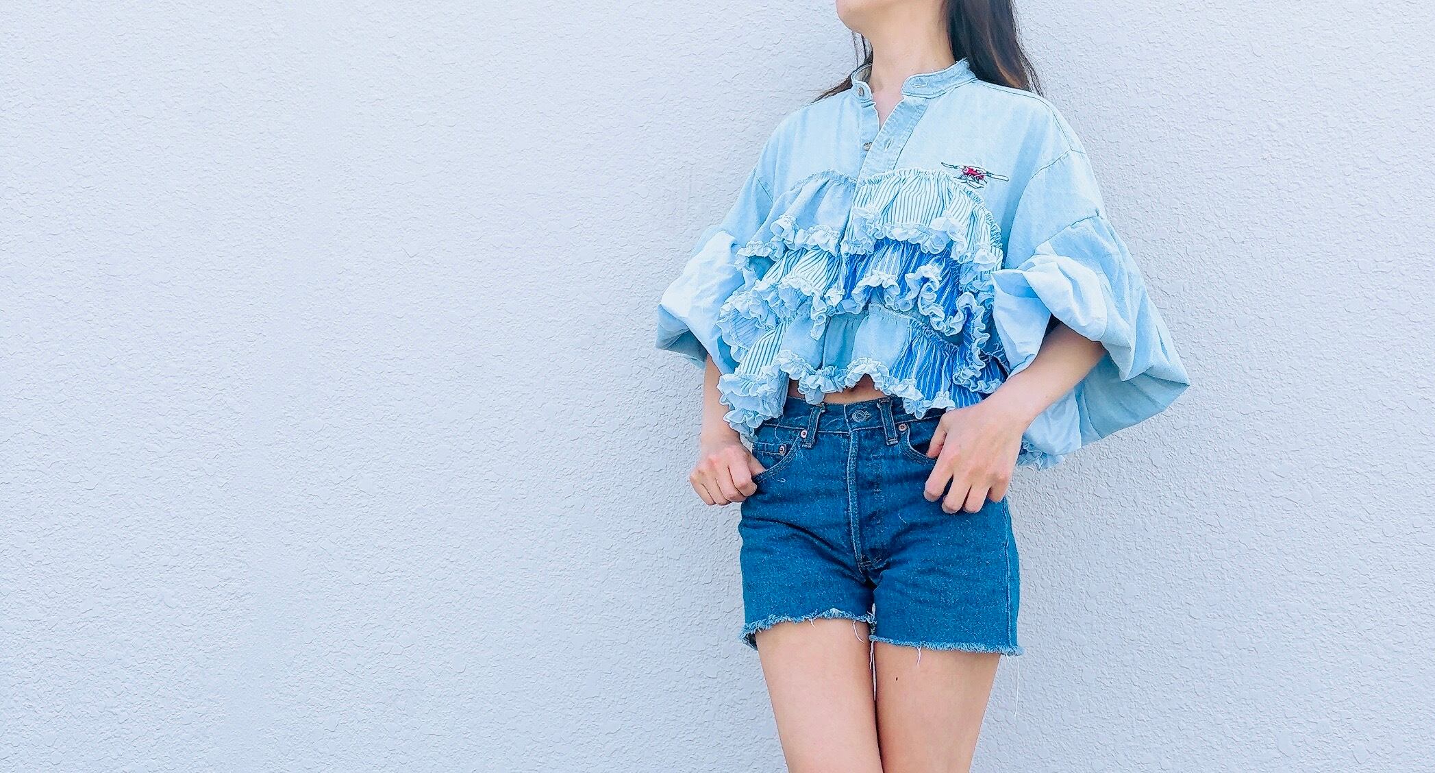 Remade denim frill blouse