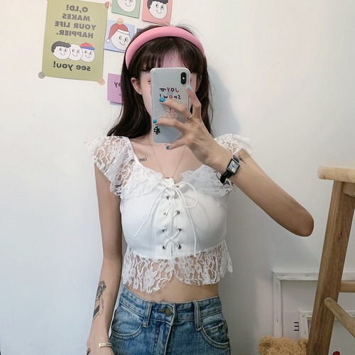 ✞ 肩＆裾レースがガーリー❤ノースリーブスリムショート丈シャツブラウス クロスストラップ キャミソール ステッチ ✞ゴスロリ SM ミリ 甘ロリ クラロリ 和ロリ エレガント 黒ロリ 姫ロリ 華ロリ BB-BB8102843