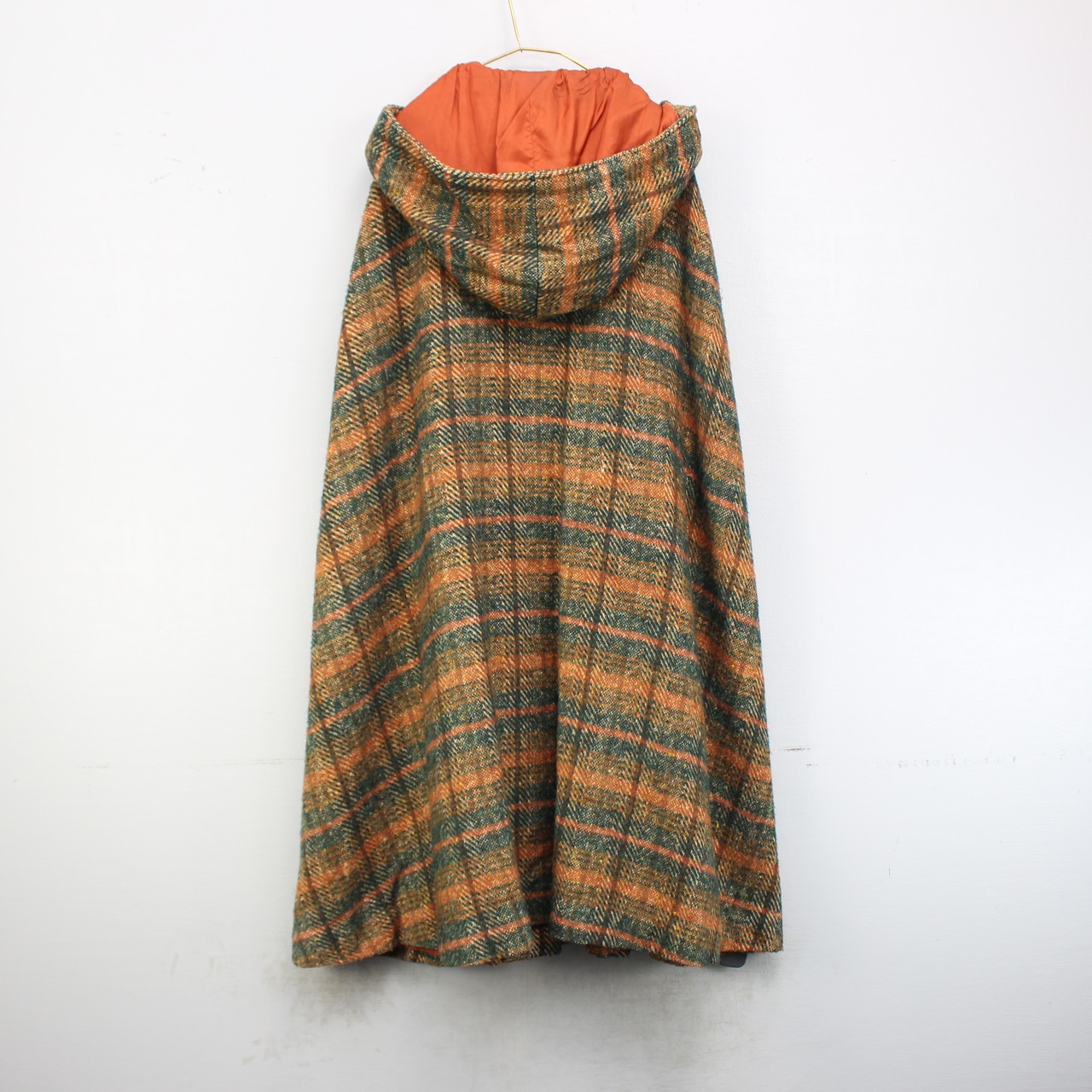EU VINTAGE CHECK PATTERNED WOOL HOODED CAPE COAT PONCHO/ヨーロッパ 