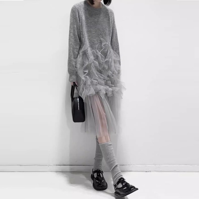 シフォンデコレーション クルーネックニットセーター グレー NI00448