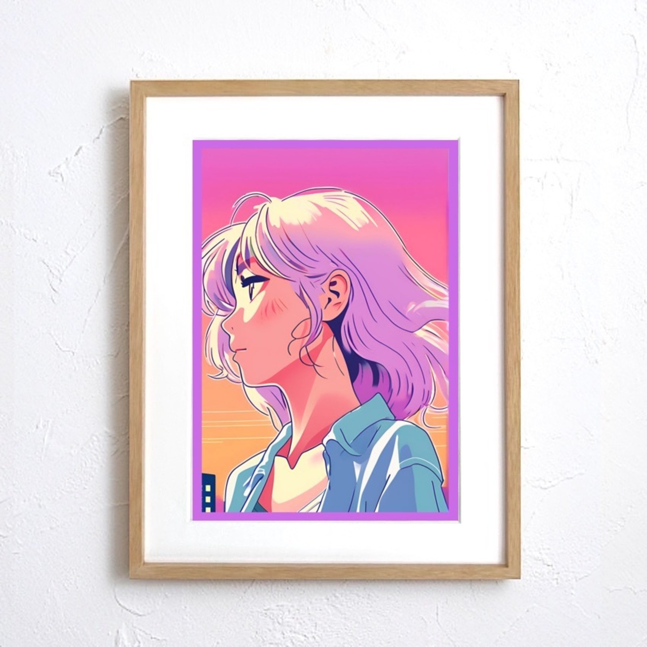 夕焼けグラデーションに佇む横顔アートポスター『Afterglow』｜ラベンダーヘアが映えるエモーショナルな一：｜A4ポスター