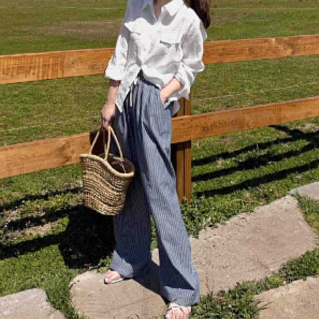 縦ストライプ  ワイドパンツ　ゴムウエスト  00093