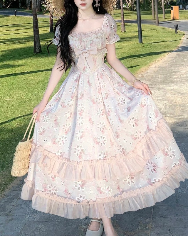 ロマンチックカットアウトフラワーロングワンピース 2508534