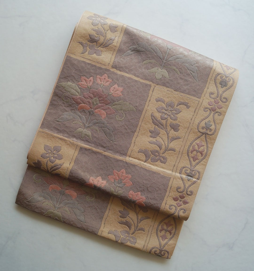 【難あり・ふくろ帯】 砂色地 花唐草紋 洒落ふくろ帯