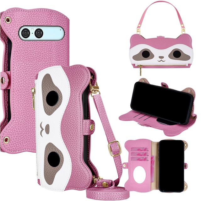 COCOCLOUD for Xperia 10 VII ケース 手帳型 ショルダー For エクスペリア10vii SO-52F / SOG16 / A502SO カバー 財布型【 ストラップ 長+短 2本】化粧鏡付き ジッパー小銭入れ カード収納 横置き 耐汚れ PUレザー 防指紋 高耐久性 かわいい アライグマ柄 女性用 贈り物 ピンク