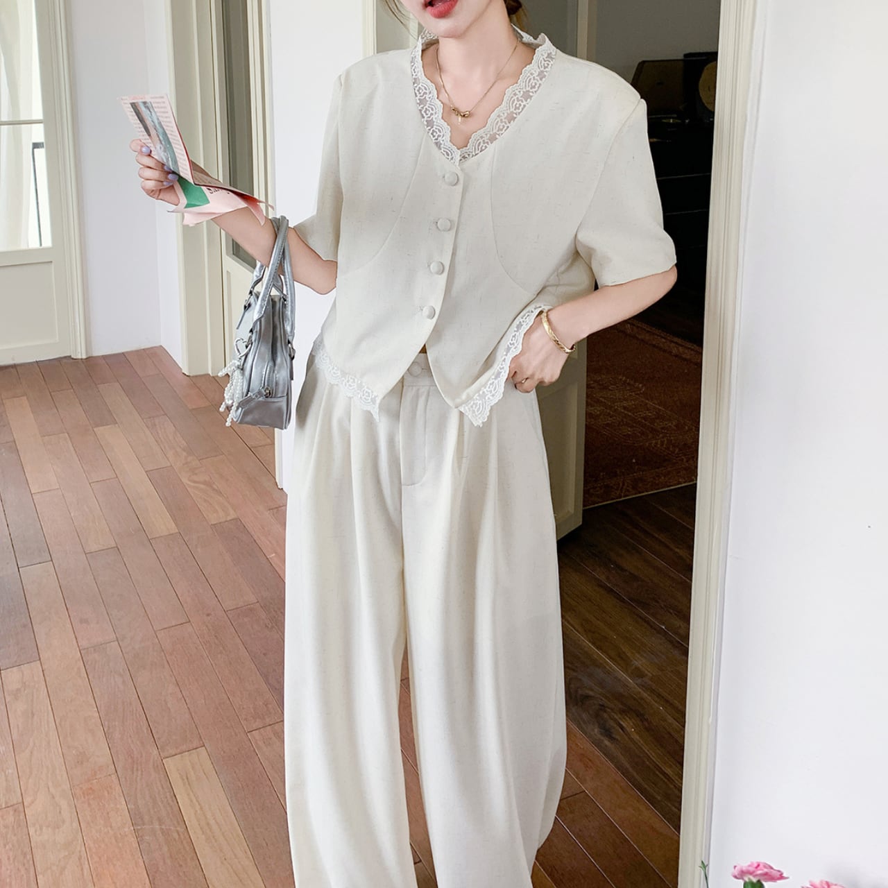 Lace collar top and wide pants set S1166