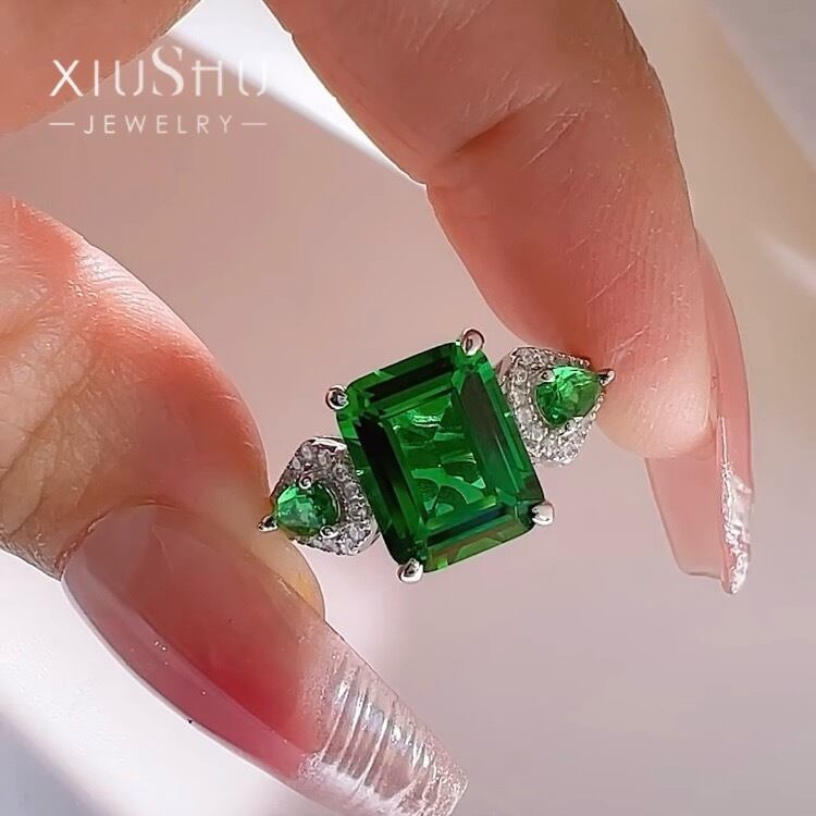 人工グリーントルマリン エメラルドカット 高炭素ダイヤモンド