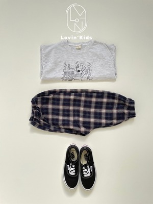 【Lovin'】サマーチェックナチュラルパンツ 90〜140cm ネイビー 240523