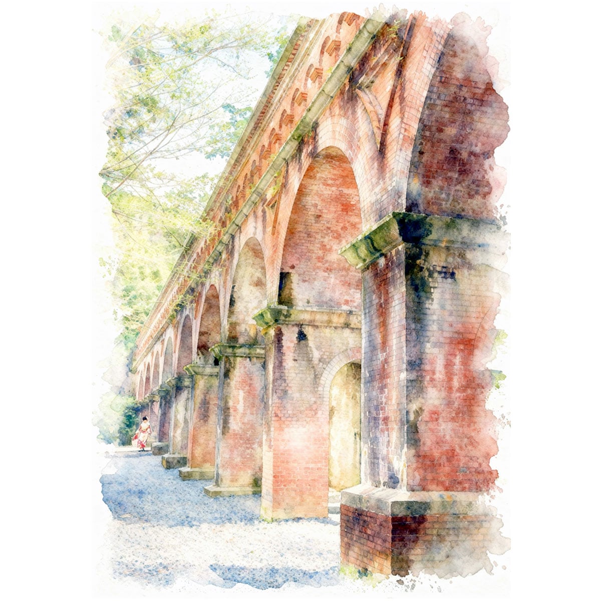 絵画 日本 水路閣(南禅寺)の風景 インテリアアート額付き 水彩画・油絵