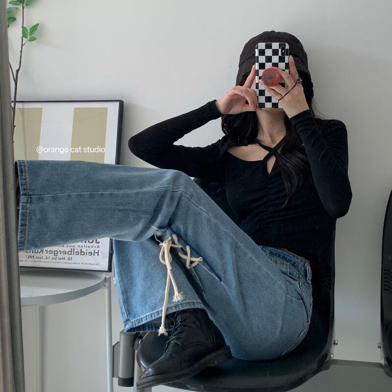 ハイウェストウェストジーンズ パンツ ルーズ薄手 レッド 萌量不足72938217221