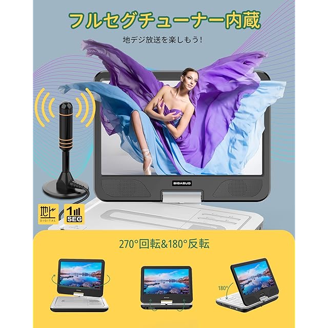 BIGASUO ポータブルdvdプレーヤー フルセグ 12.5型 チューナー搭載