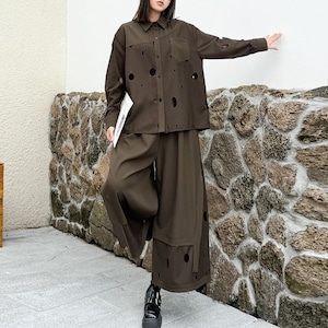 SOLID HOLE DOT SHIRT & WIDE LEG PANTS 2colors M-15126