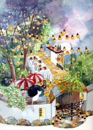 【China】tei-081  A2 四角 塀の上から見るお庭パーティ 塚本禎子のダイヤモンドアート