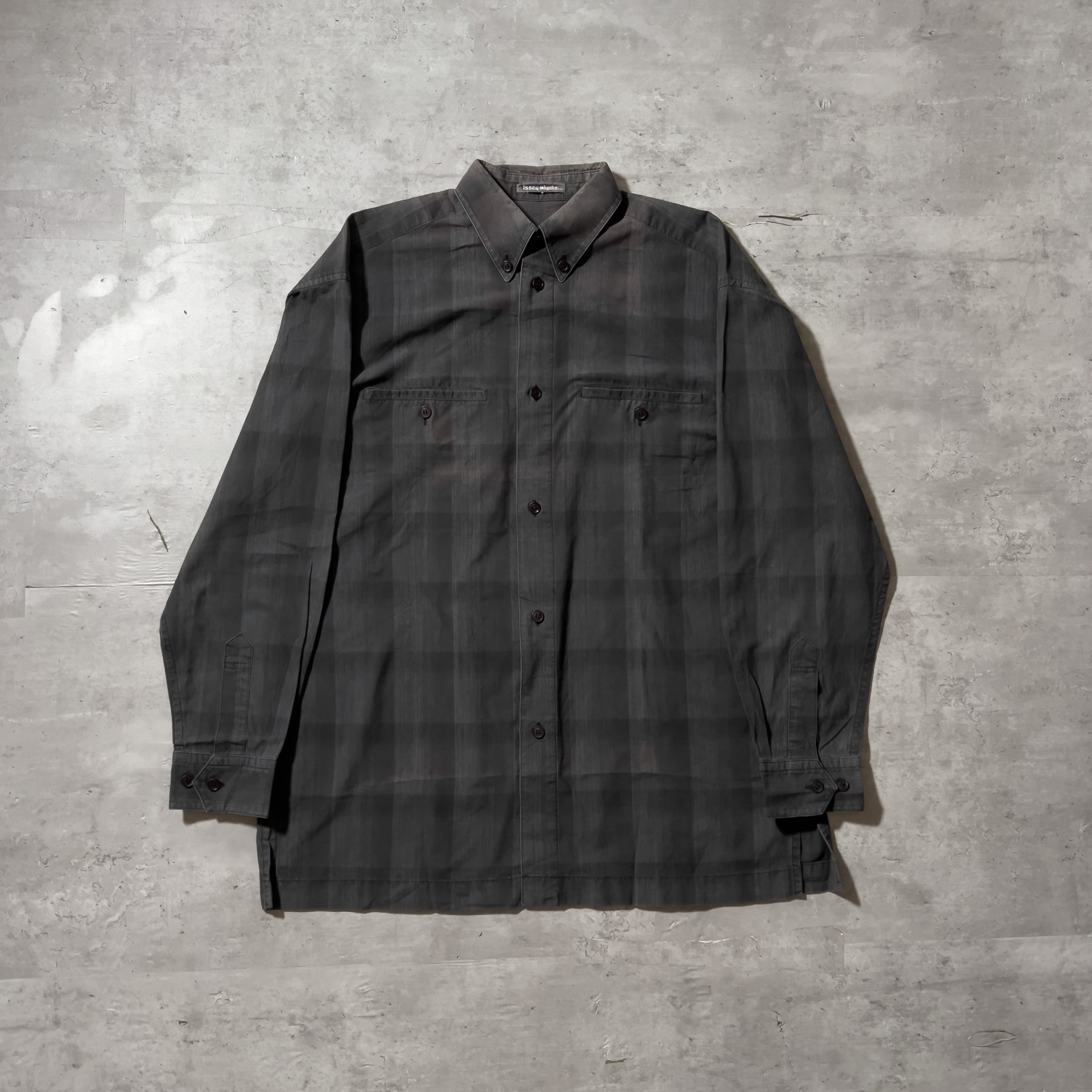 80s “ISSEY MIYAKE” 筆タグ gray color ombre check pattern shirt 80年代 イッセイミヤケ  オンブレチェックシャツ