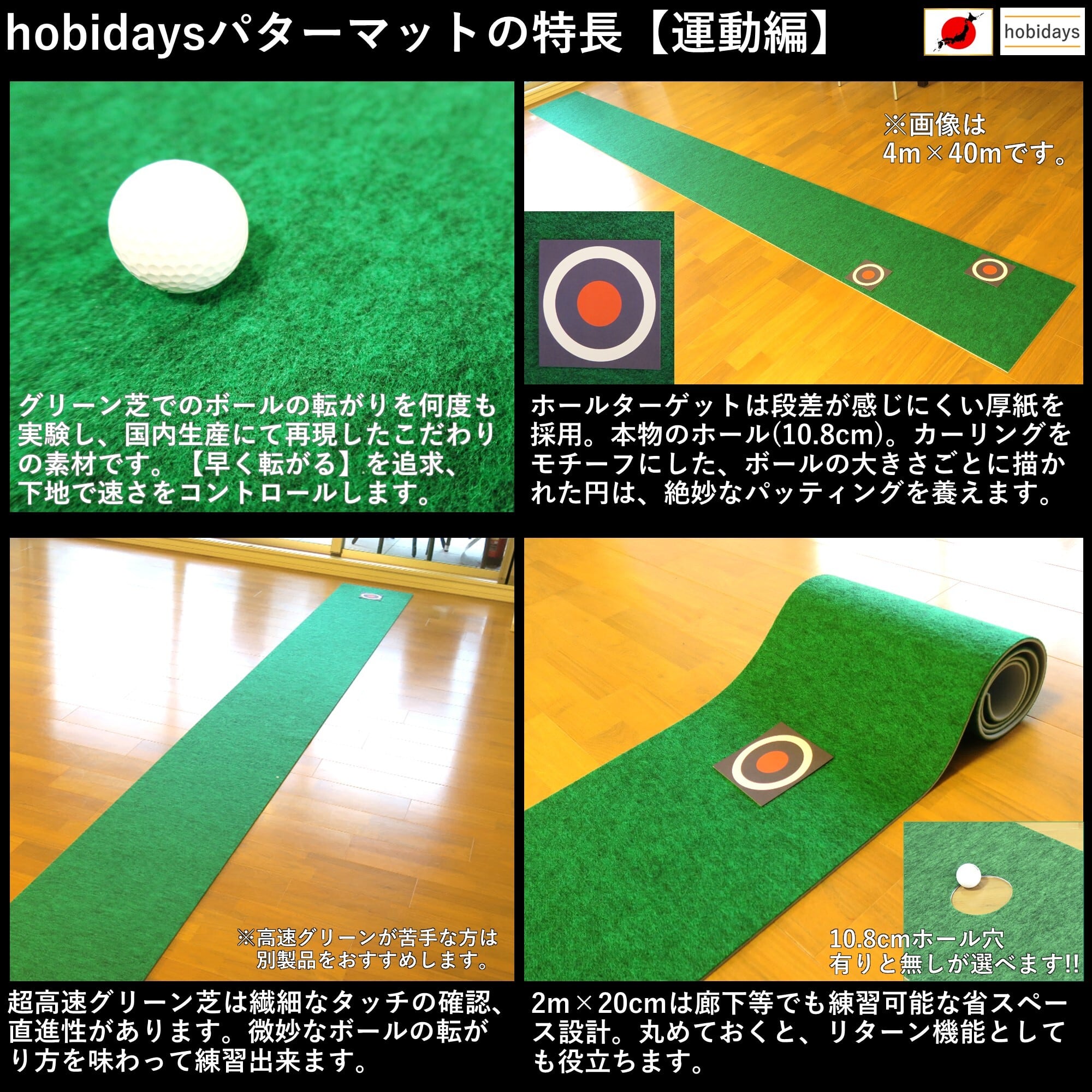 ゴルフパターマット 2m×20cm 超高速本格芝生【日本製】hobidays ホール