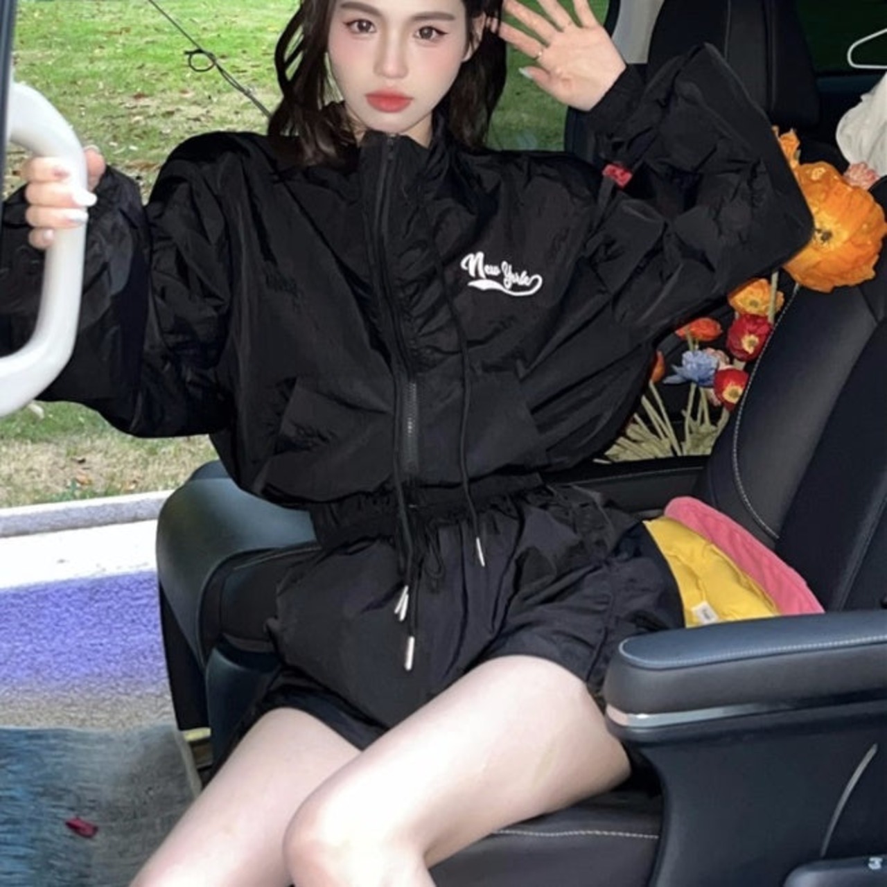セットアップ レディース 韓国 秋 ナイロン ジャケット ショートパンツ 