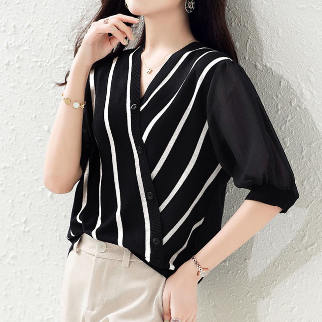 Stripe Wrap-style Knit Pullover L00895