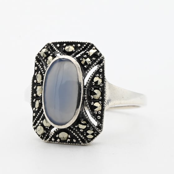 Blue Agate / Marcasite Accent Square Statement Ring #16.0 / Denmark