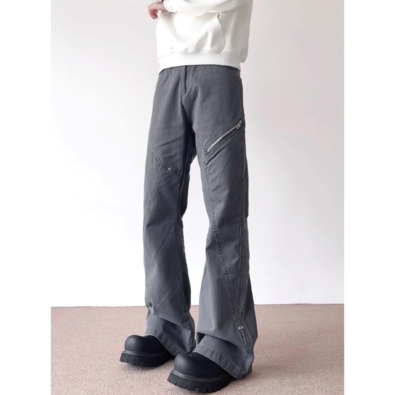 Zip Detail Wide Leg Baggy Pants ◇2color H0883