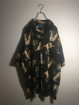 総柄 ブラックアロハシャツ ビール柄 ヤシの木柄