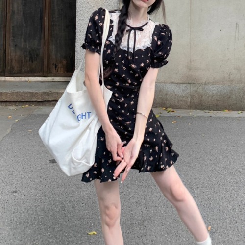 花柄レースネックパフワンピース ・71473