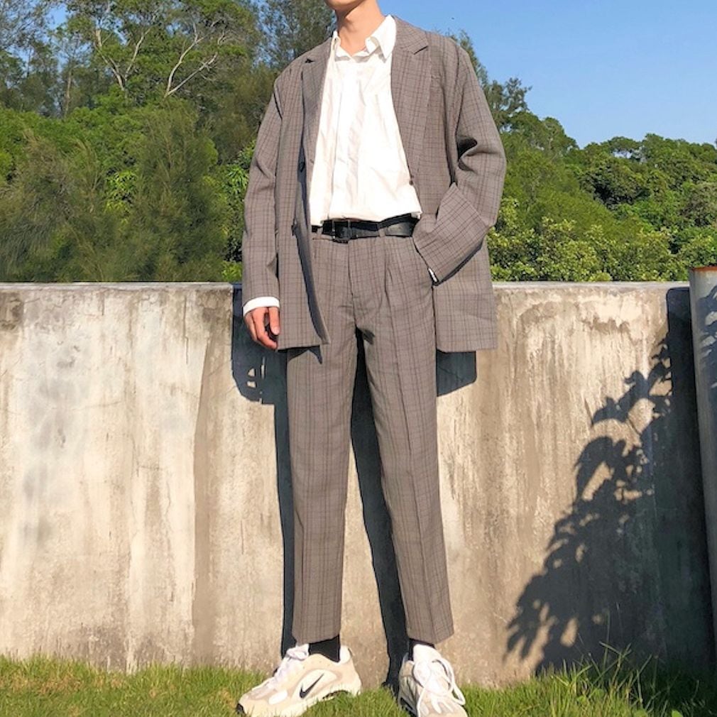 韓国メンズファッション 人気 チェック テーラード ジャケット パンツ セットアップ レトロ 上下セット Bw340 韓国メンズ服 流行プチプラ 韓国メンズファッション新作通販 Buy The World