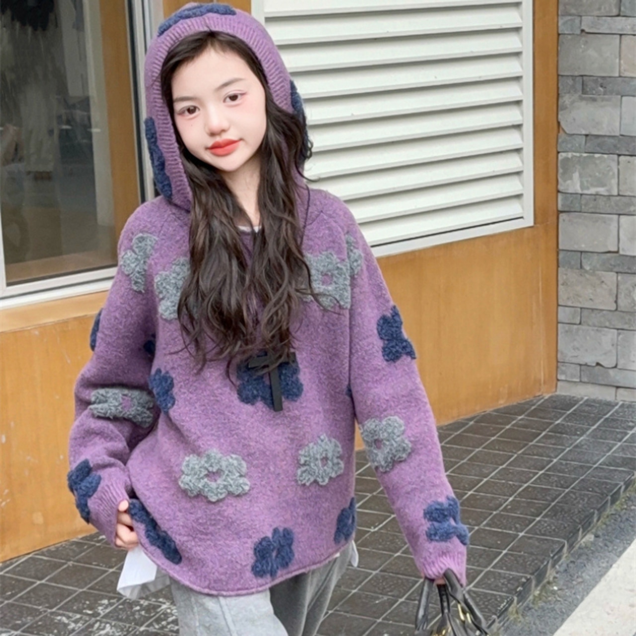 冬花柄パープルセーター
