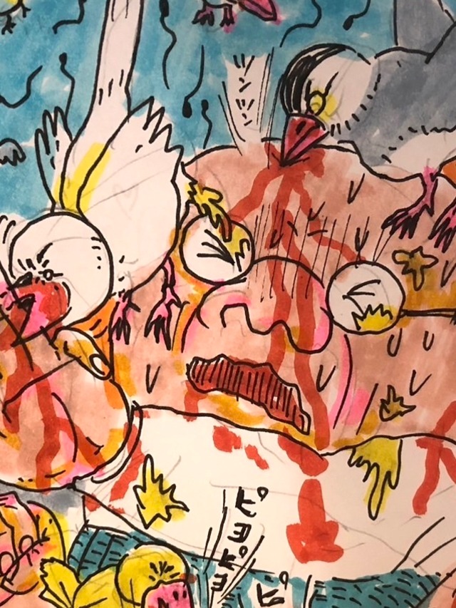 原画・着色ドローイング「ヒヨコ＆手のり文鳥❤️軍団に襲われ重症に！」