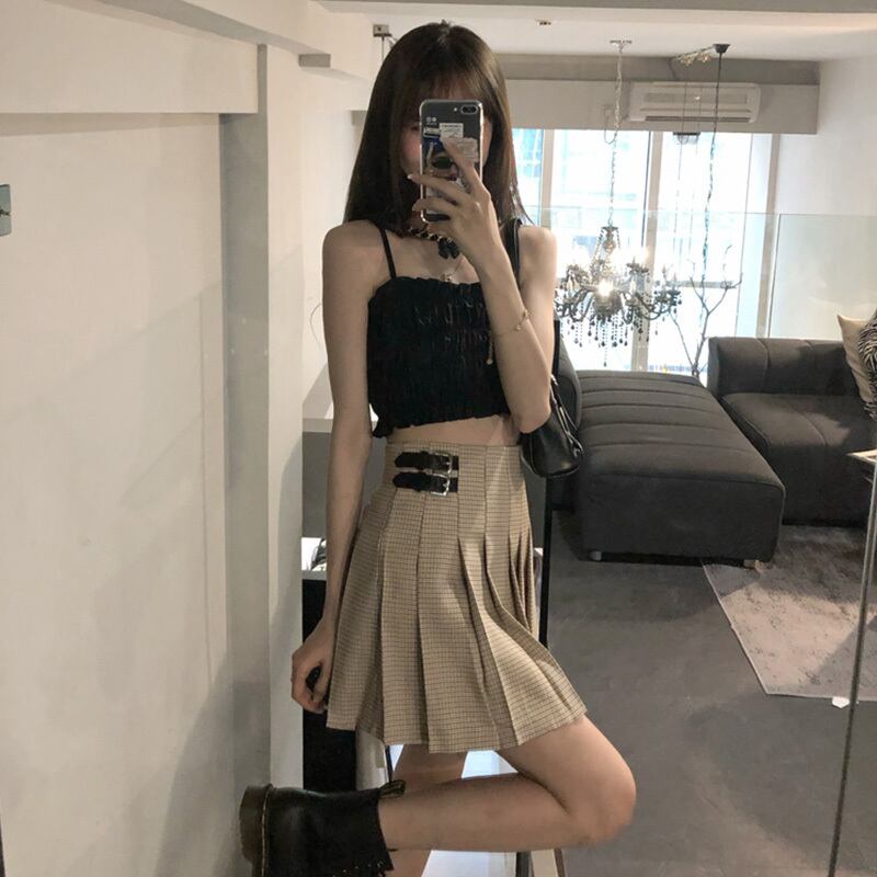 ダーク格子柄プリーツスカート 薄手ハイウェストウェストAラインサマーショート 大人ガーリー スウィート キュート カジュアル 夏物 萌量不足43221003659