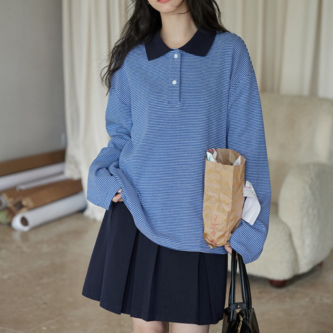 blue stripe lapel polo shirt top