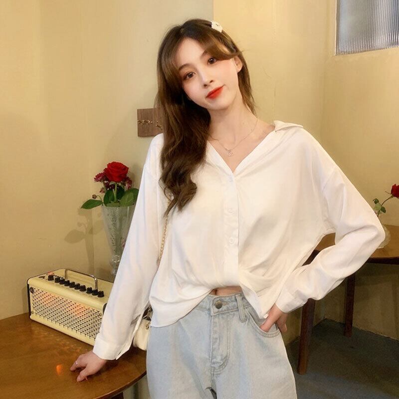 ホワイトシャツVネッククロススプリングスタンダードトップス ロング レトロ 春物 萌量不足39234987916