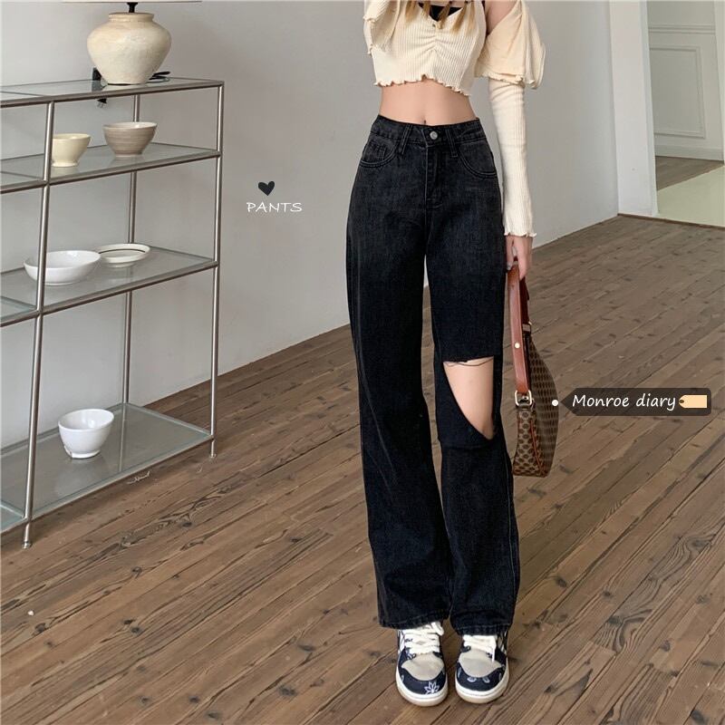ブラックワイドレッグパンツ スプリングオータム薄手ウェストルーズ 春物 秋物 ワイドパンツ モンロー21358917190