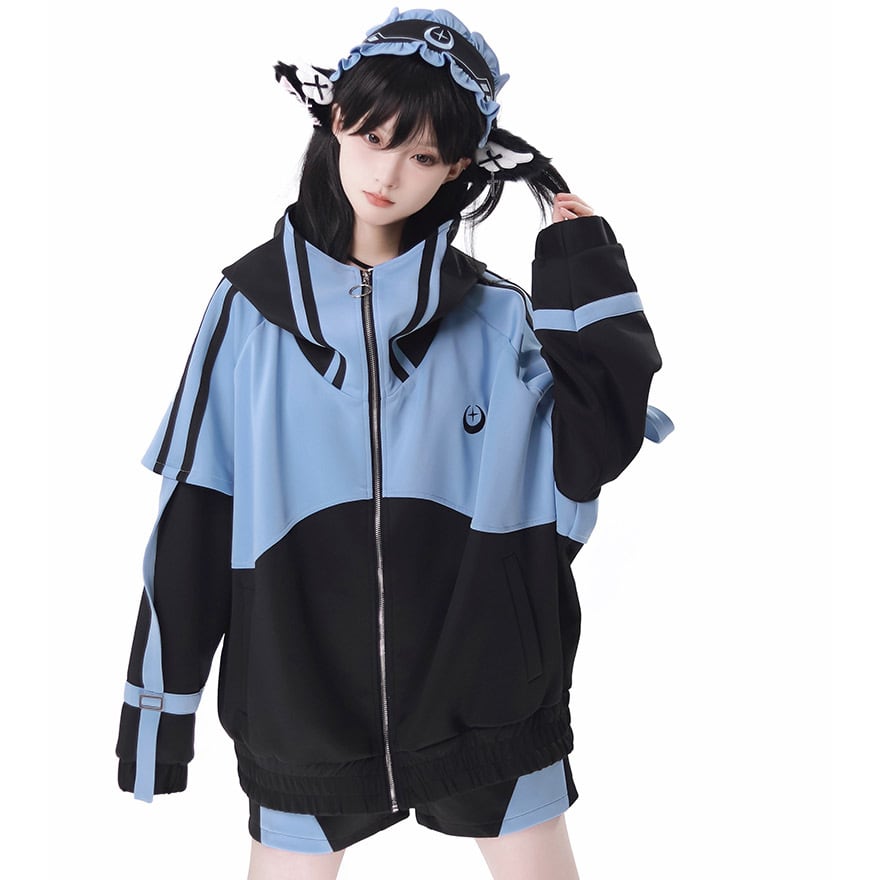 地雷系 オールインワン アクアブルー 4点セット アウター ショートパンツ レッグカバー へアドレス 推し活 ライブ衣装 ストリートファッション 原宿ファッション