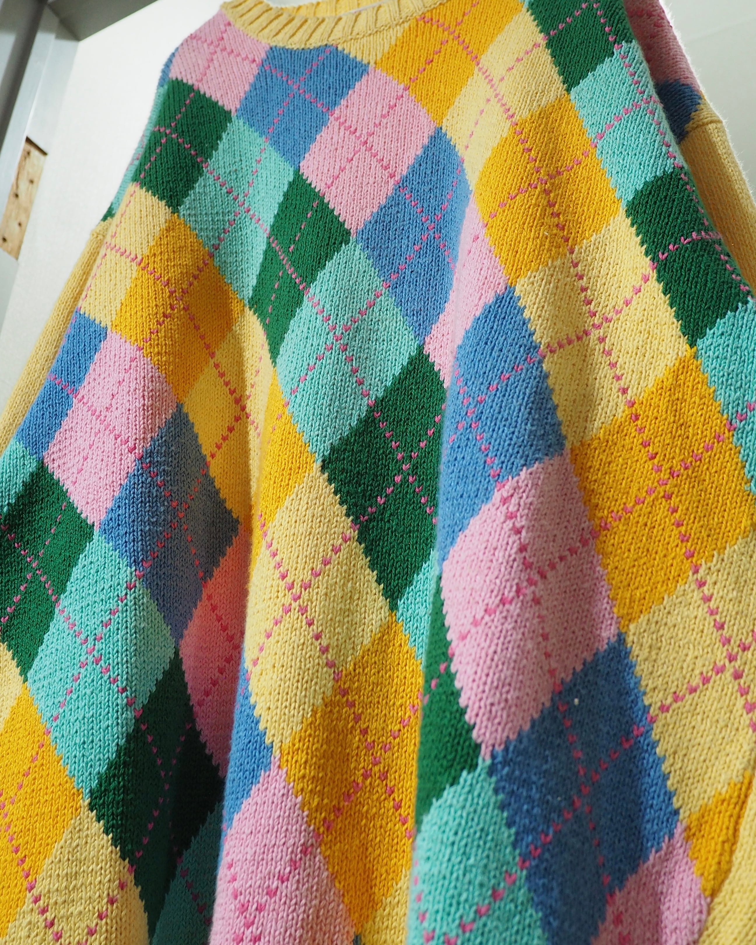 1990s ” Fine Cotton ” Colorful Pastel Argyle Pattern Vintage Knit