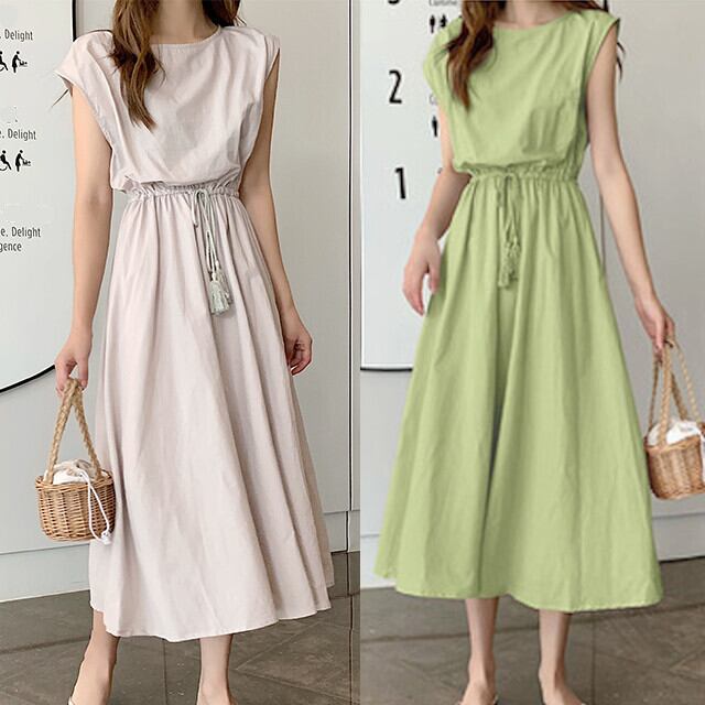 全10色 カラバリ豊富 タッセル ポイント ウエストバンド マキシワンピース S/M/L/XL/2XL ベージュ/ブラック/ネイビー/チェック/オレンジ/カーキ/ライトブルー/ライトグリーン/ダークグリーン/パープル