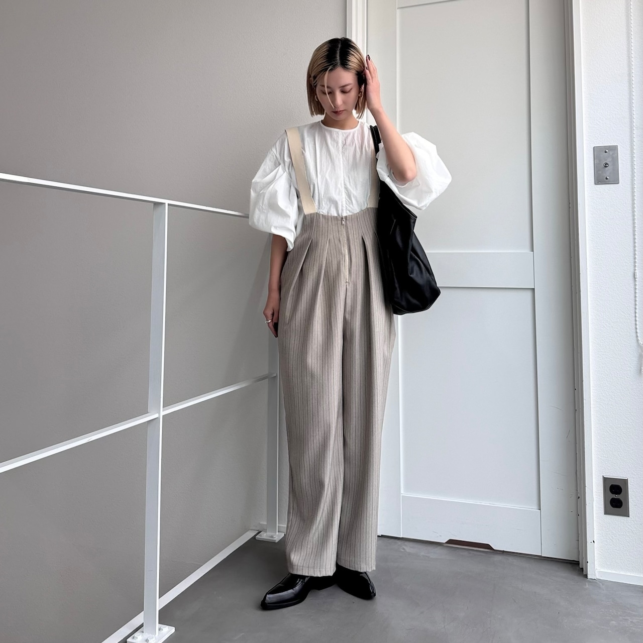 【鹿児島先行販売】ピンストライプサロペットPT/グレージュ