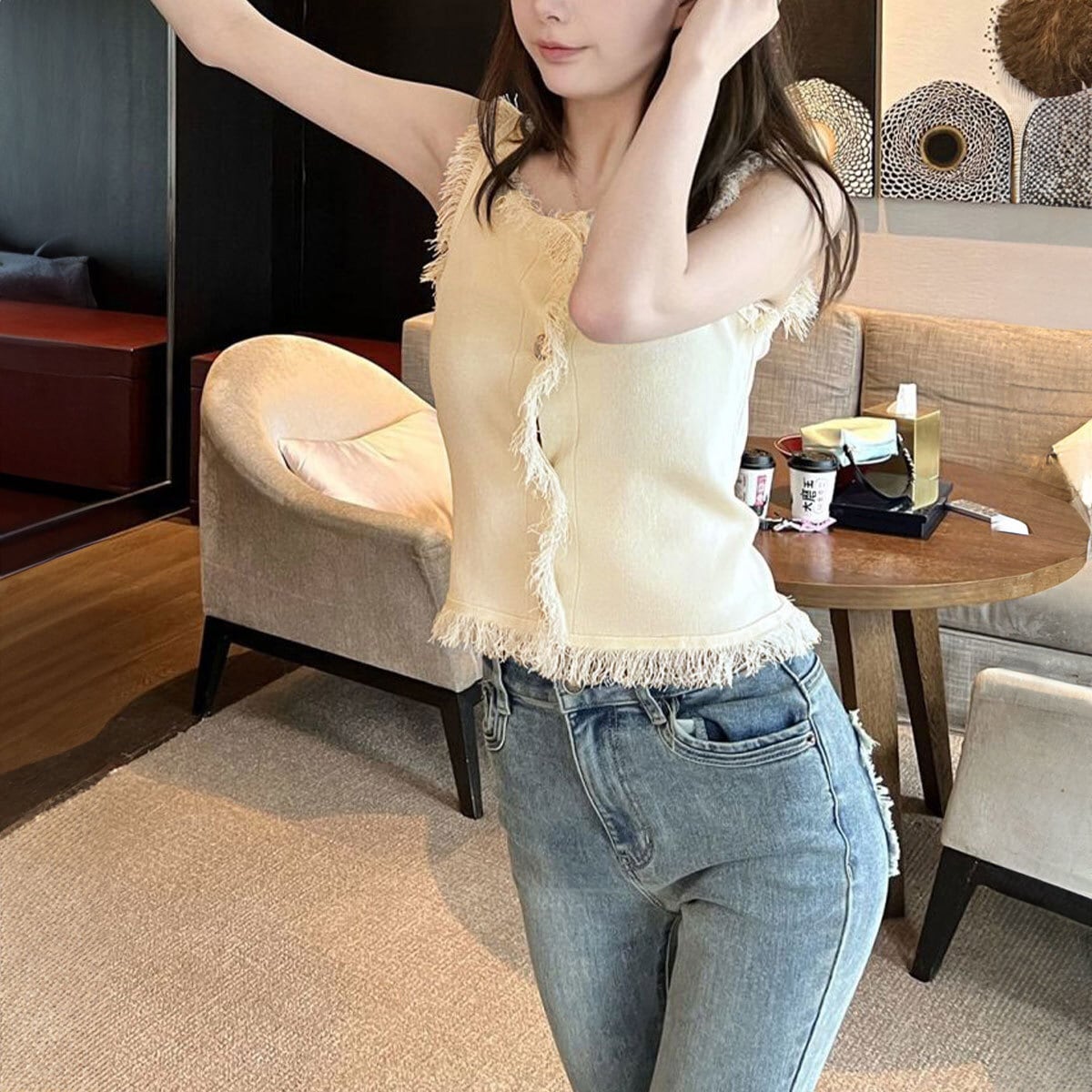 ニット ベスト フリンジ ノースリーブ レディース 春夏 韓国 きれいめ 大人 かわいい カジュアル 重ね着 レイヤード 薄手 トップス 大人可愛い 大人女子