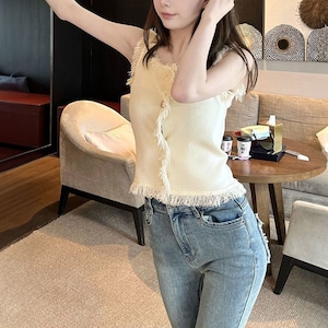 ニット ベスト フリンジ ノースリーブ レディース 春夏 韓国 きれいめ 大人 かわいい カジュアル 重ね着 レイヤード 薄手 トップス 大人可愛い 大人女子