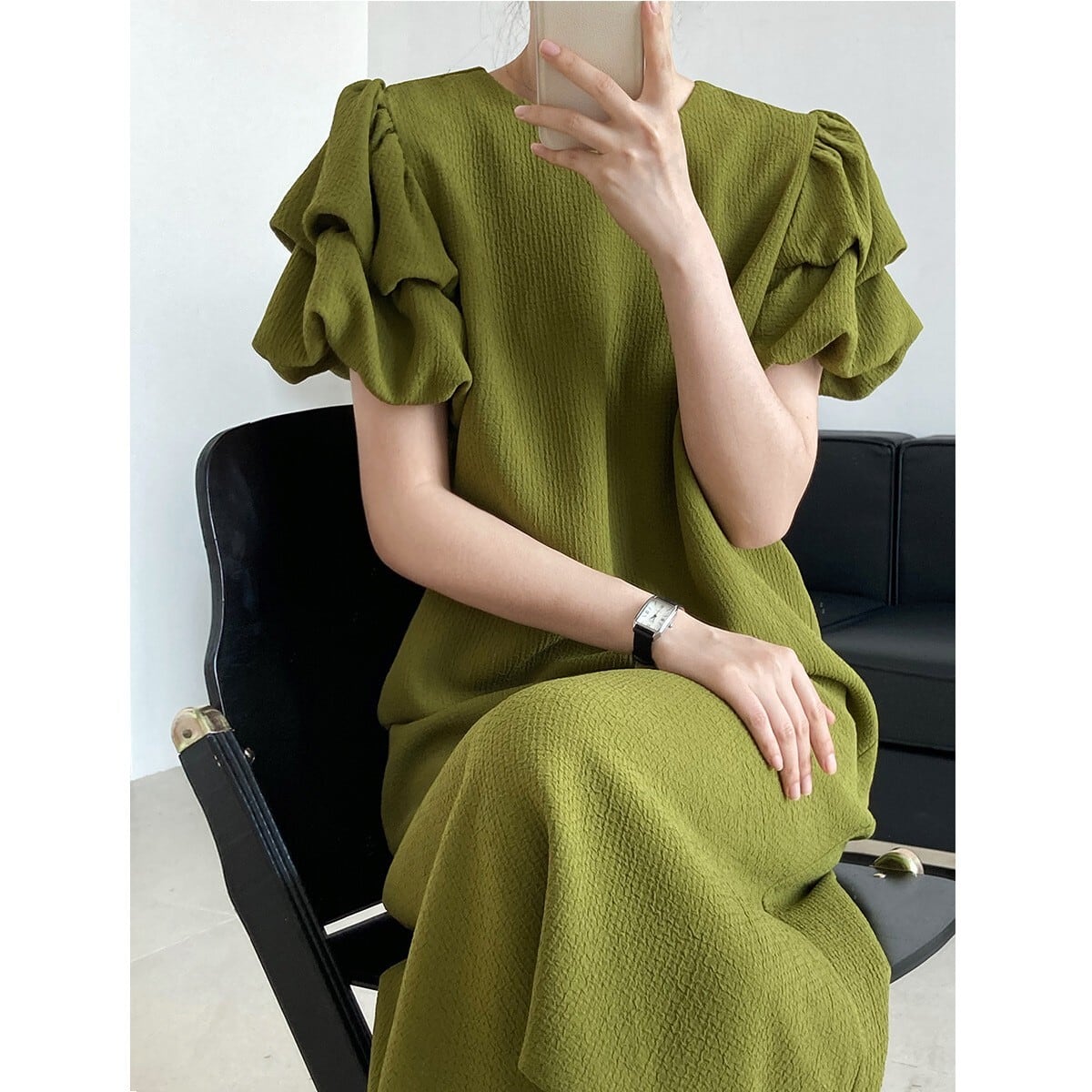 French puff sleeve green dress S100
