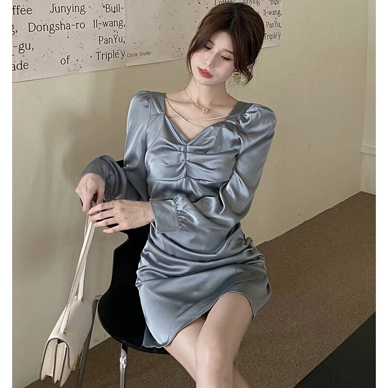 プリーツサテンドレス オータムスタイルウェスト薄手スカート ロング 秋物 ガールズファッション3636739691